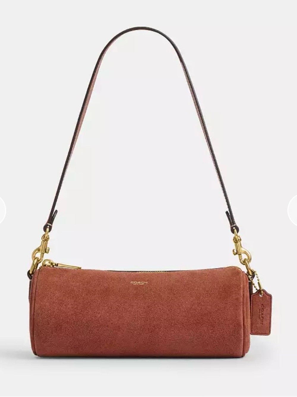 Sold out, Coach Suede Barrel Shoulder Bag in Rust Brown with Gold Hardware
